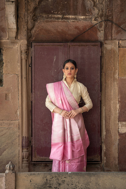 Pure Katan Silk Banarasi Saree in Powder Pink | Minimal Silver Zari with Flamingo Motifs