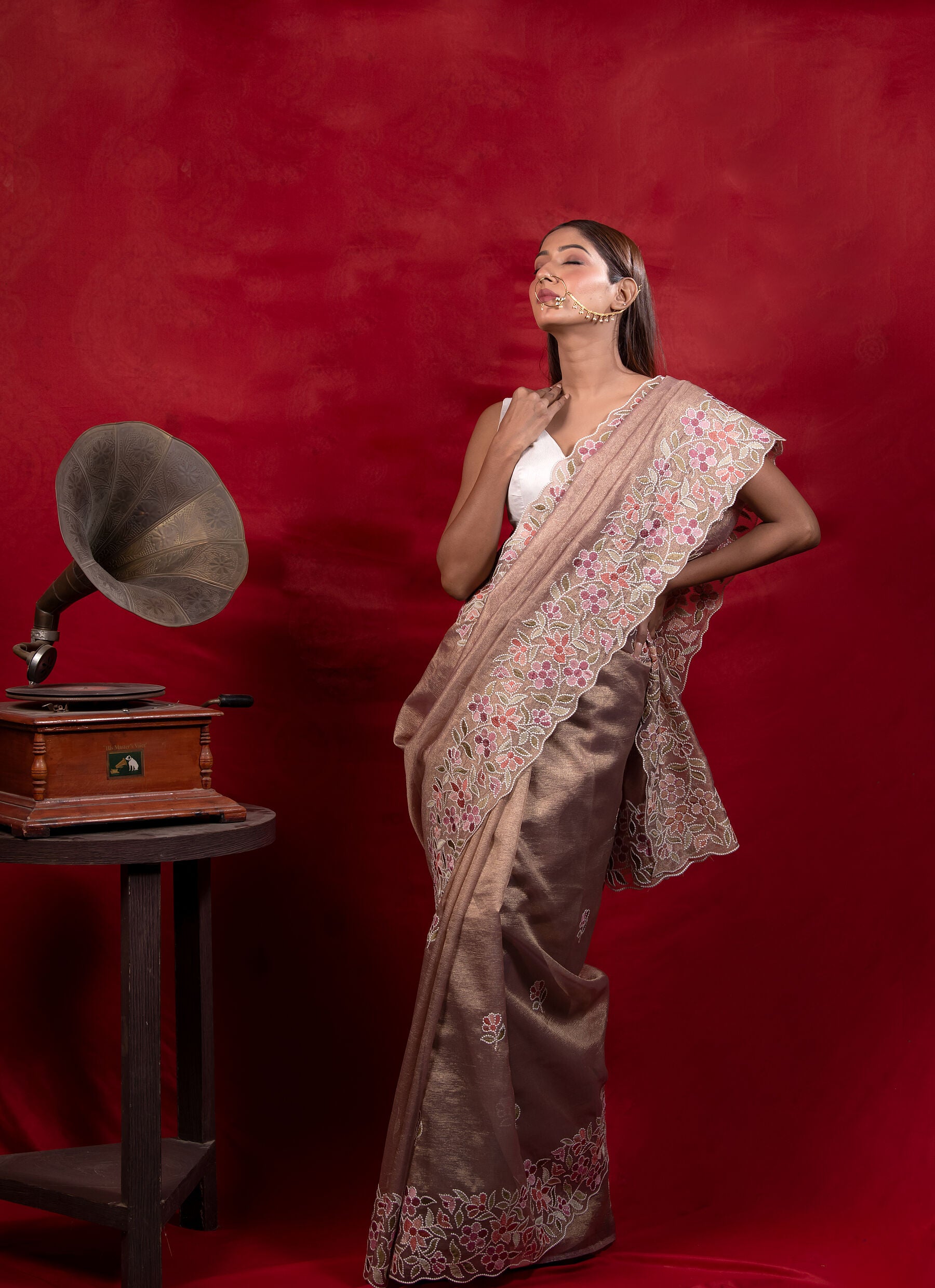 Pure Linen Saree with Intricate Multi-Colour Floral Embroidery – Mocha Brown Elegance