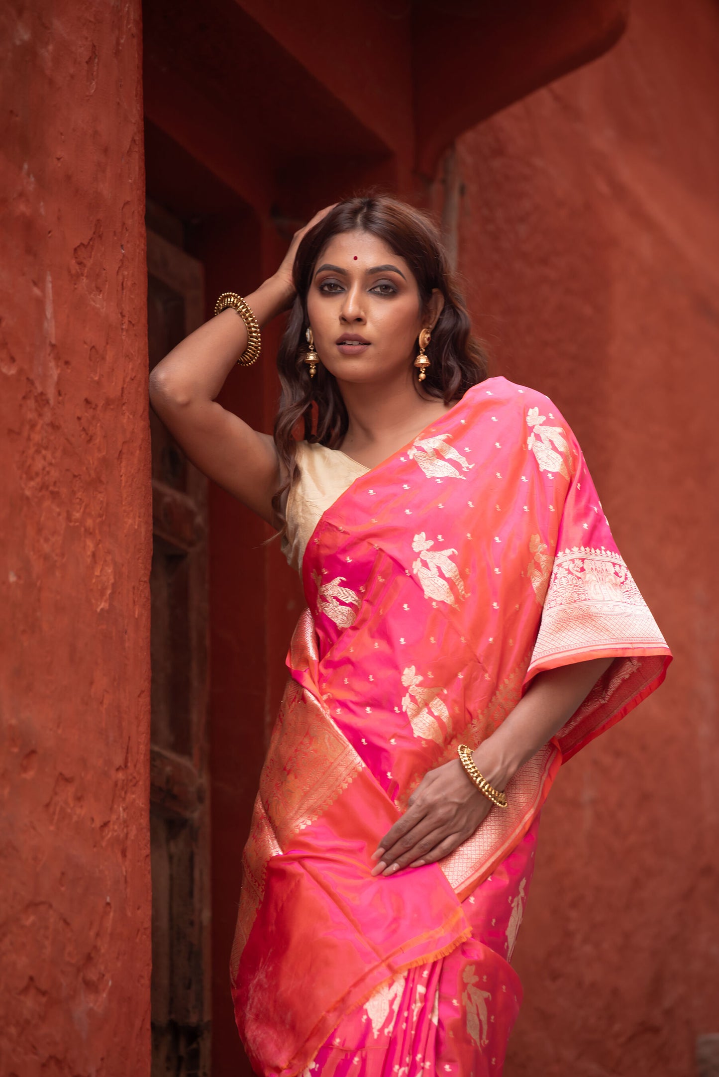 Pure Katan Silk Banarasi Saree in Coral Pink | Handwoven European Motifs & Gold Zari Detailing