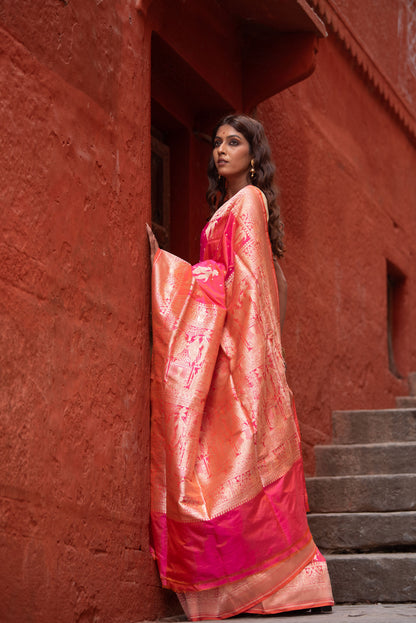 Pure Katan Silk Banarasi Saree in Coral Pink | Handwoven European Motifs & Gold Zari Detailing