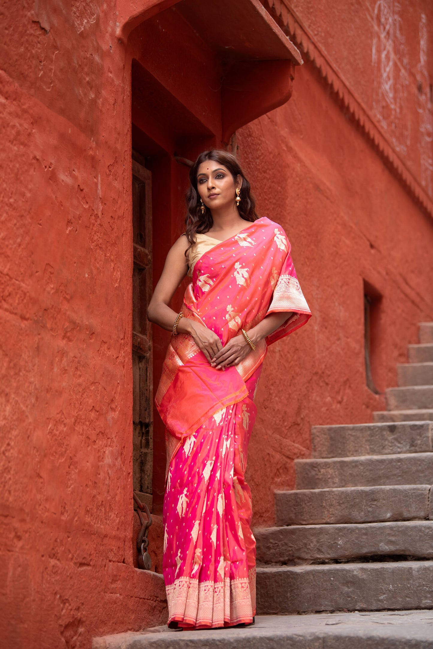 Pure Katan Silk Banarasi Saree in Coral Pink | Handwoven European Motifs & Gold Zari Detailing