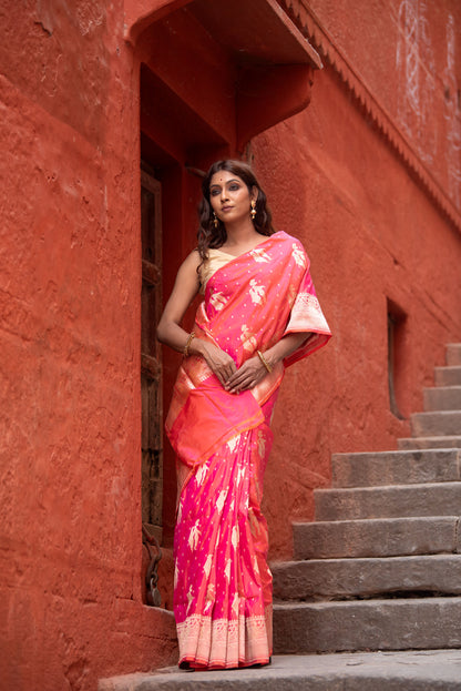 Pure Katan Silk Banarasi Saree in Coral Pink | Handwoven European Motifs & Gold Zari Detailing