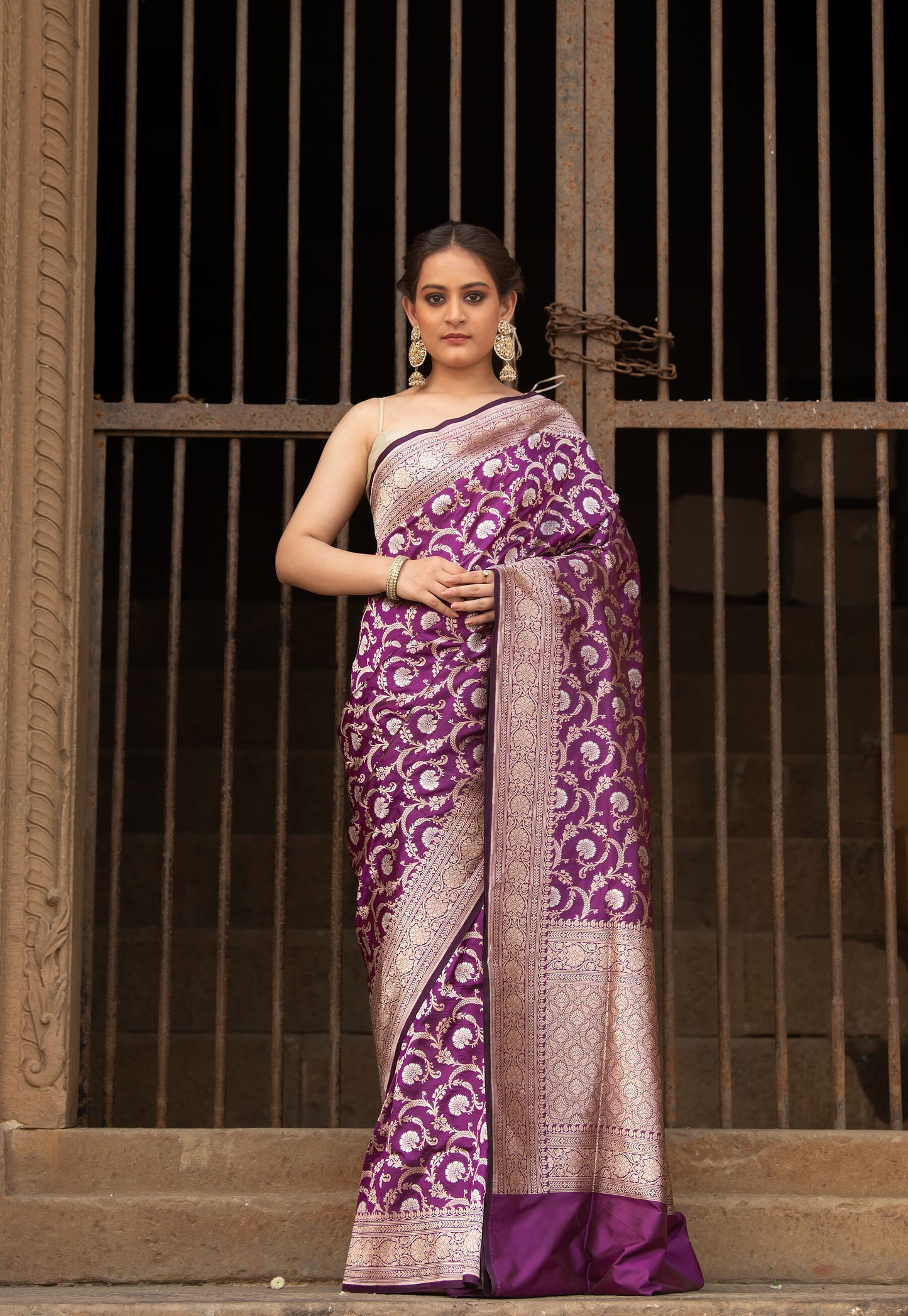 Pure Katan Silk Banarasi Saree in Royal Purple | Handwoven Silver-Gold Zari Jaal & Traditional Pallu