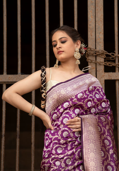 Pure Katan Silk Banarasi Saree in Royal Purple | Handwoven Silver-Gold Zari Jaal & Traditional Pallu