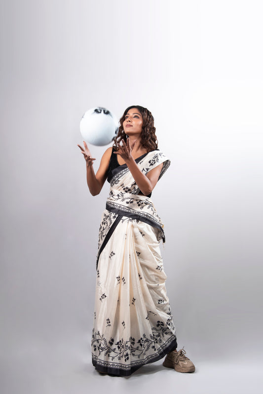 Ivory Noir Pre-Draped Satin Saree