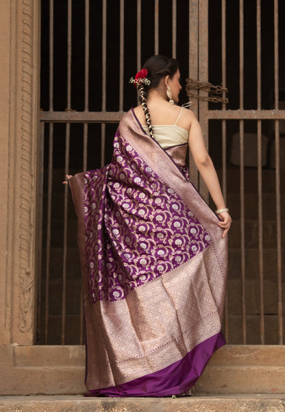 Pure Katan Silk Banarasi Saree in Royal Purple | Handwoven Silver-Gold Zari Jaal & Traditional Pallu