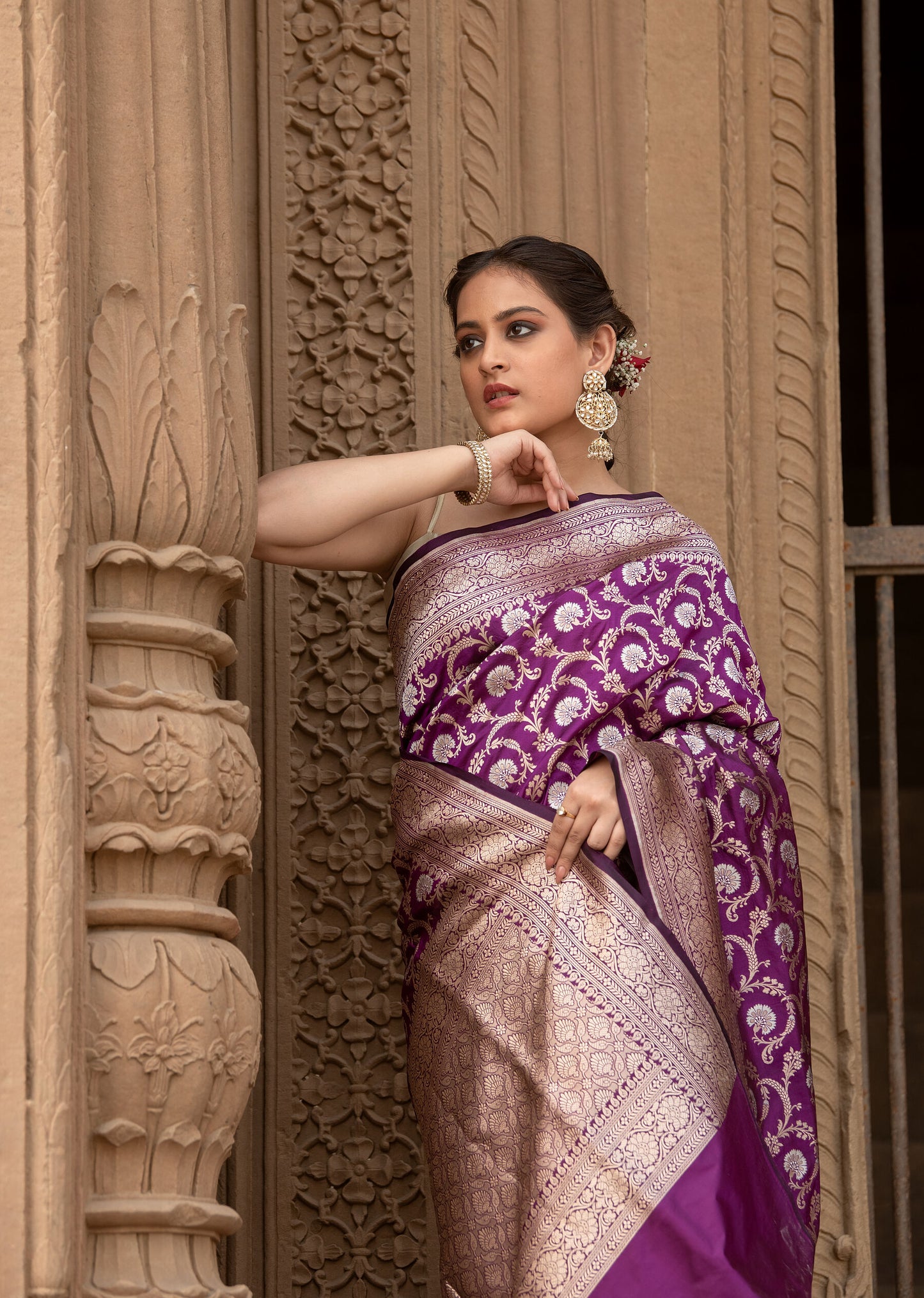 Pure Katan Silk Banarasi Saree in Royal Purple | Handwoven Silver-Gold Zari Jaal & Traditional Pallu
