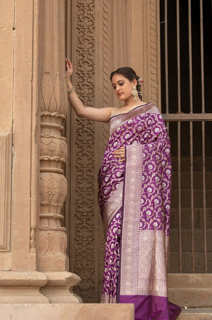 Pure Katan Silk Banarasi Saree in Royal Purple | Handwoven Silver-Gold Zari Jaal & Traditional Pallu