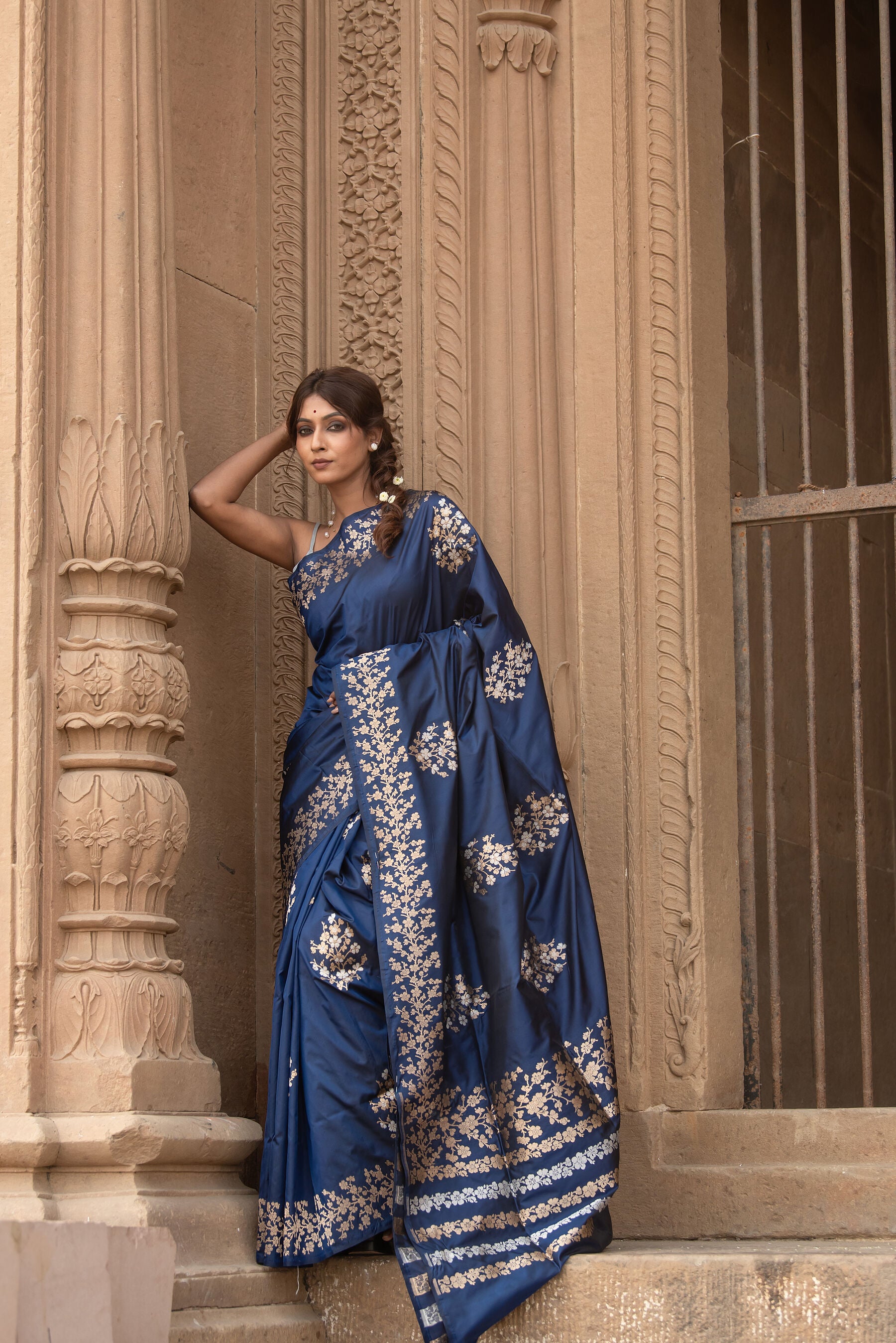 Pure Katan Silk Banarasi Saree in Royal Navy Blue | Gold Zari Floral Motifs & Elegant Border