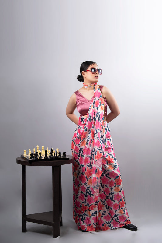 Rosé Bloom Pre-Draped Satin Saree