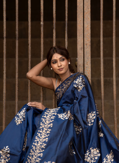 Pure Katan Silk Banarasi Saree in Royal Navy Blue | Gold Zari Floral Motifs & Elegant Border
