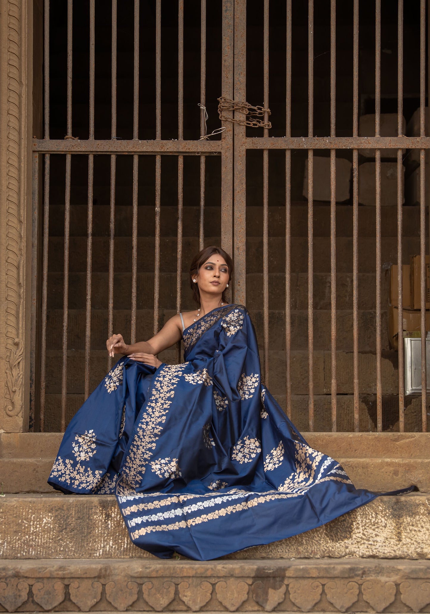 Pure Katan Silk Banarasi Saree in Royal Navy Blue | Gold Zari Floral Motifs & Elegant Border