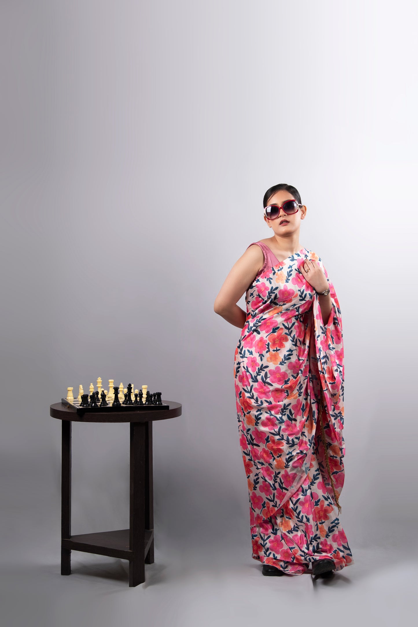 Rosé Bloom Pre-Draped Satin Saree