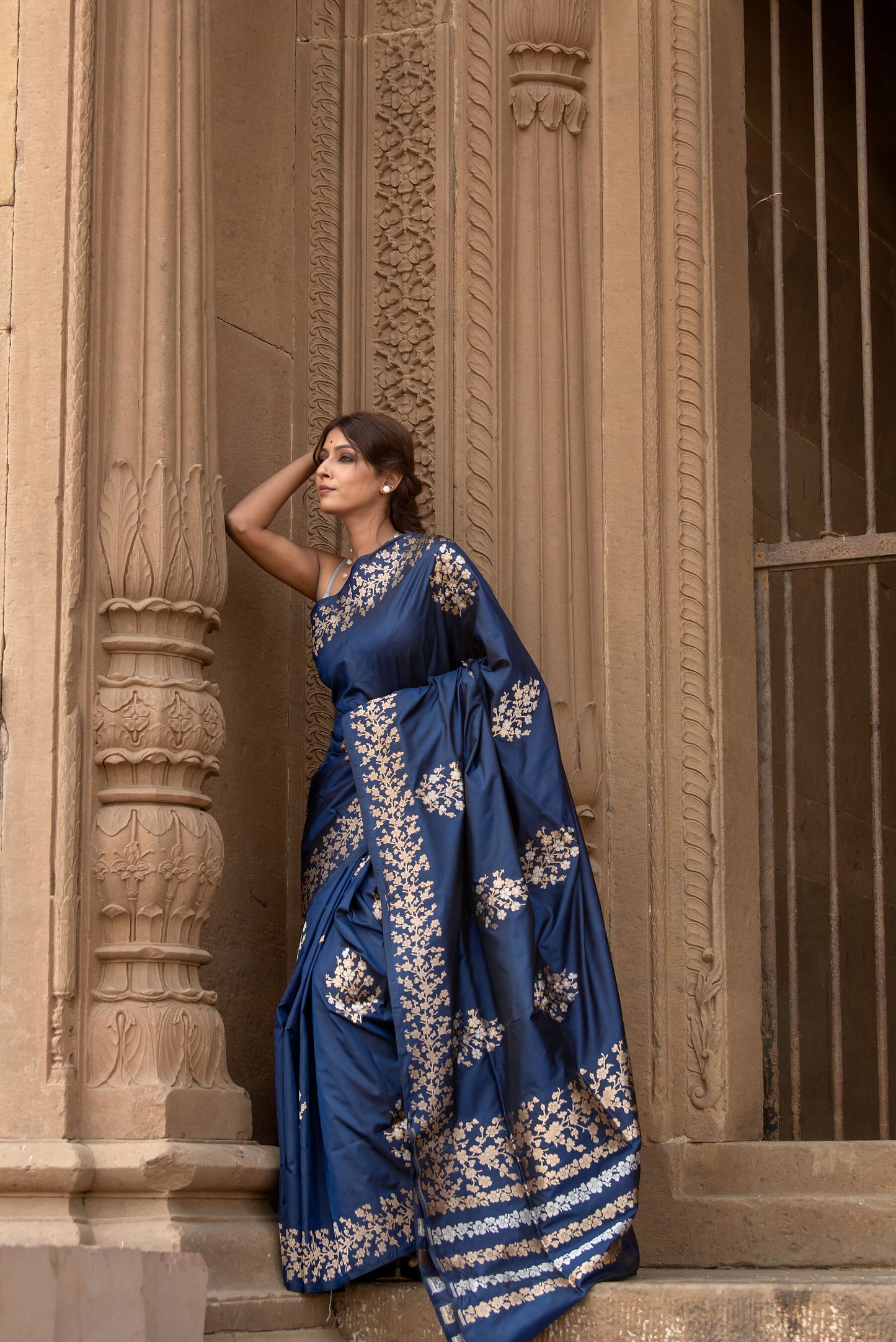 Pure Katan Silk Banarasi Saree in Royal Navy Blue | Gold Zari Floral Motifs & Elegant Border
