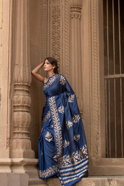 Pure Katan Silk Banarasi Saree in Royal Navy Blue | Gold Zari Floral Motifs & Elegant Border