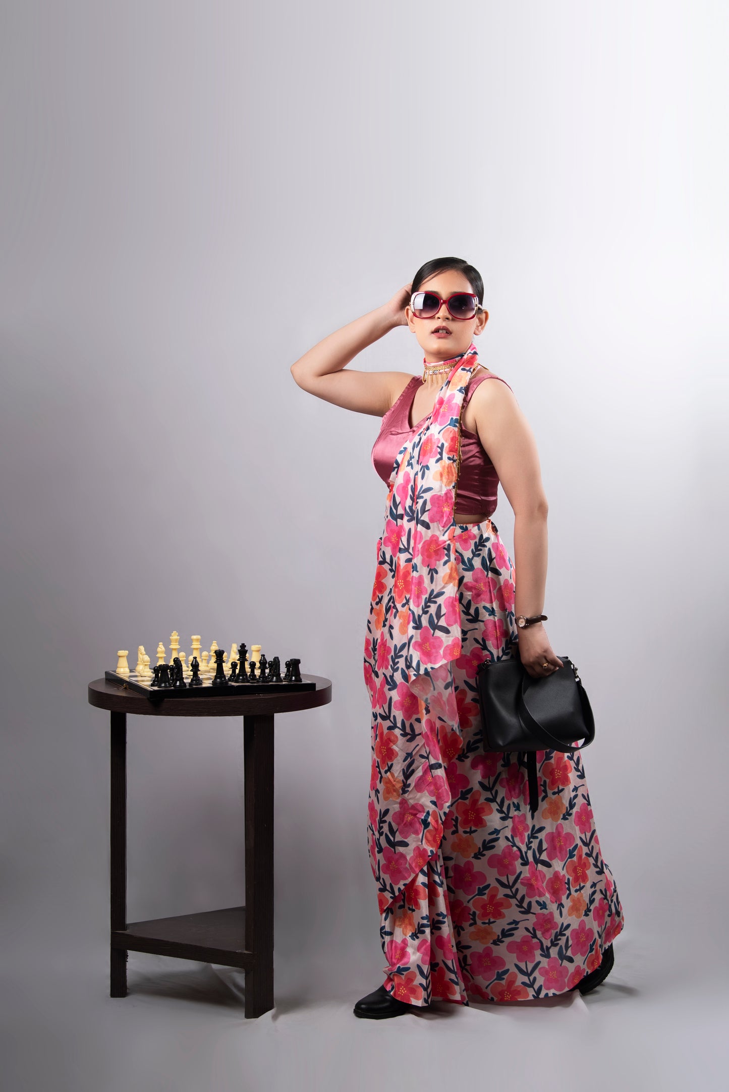 Rosé Bloom Pre-Draped Satin Saree