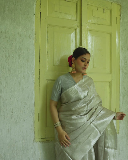 Silver Rose Pure Tissue Brocade Saree