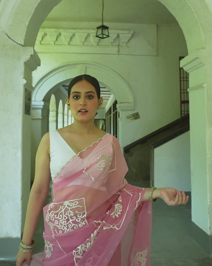 Blush Pink Chiffon Saree with Floral Embroidery
