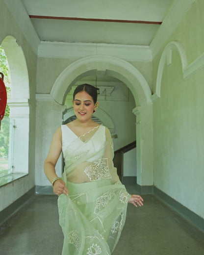 Sage Green Chiffon Saree with Floral Embroidery