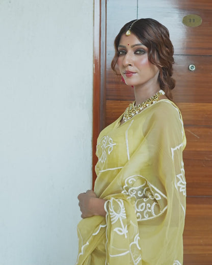 Sunshine Yellow Chiffon Saree with Floral Embroidery