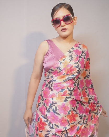 Rosé Bloom Pre-Draped Satin Saree