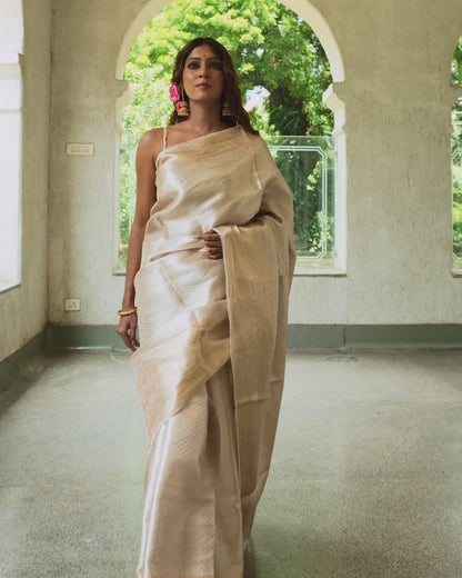 Ivory Gold Pure Tissue Brocade Saree
