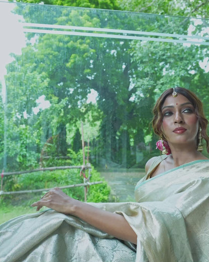 Pure Tissue Brocade Saree — Champagne Gold with Mint Green Border